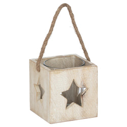 Washed Wood Star Tea Light Candle Holder White