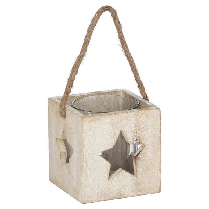 Washed Wood Star Tea Light Candle Holder White