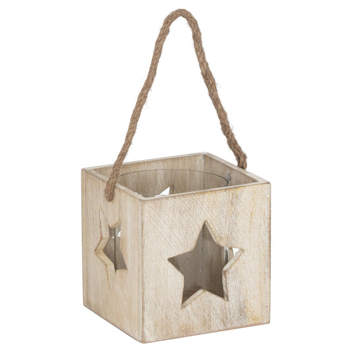 Large Washed Wood Star Tea Light Candle Holder White