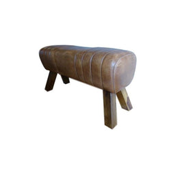 Brown Leather Bench Pommel Horse Style Wooden Feet