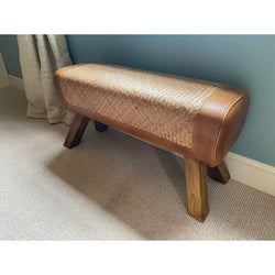 Brown Leather & Rattan Bench Wooden Legs