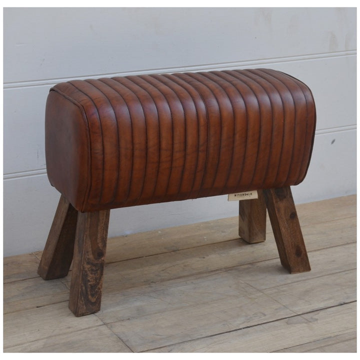 Leather Stool Pommel Horse Style Wooden Feet Brown