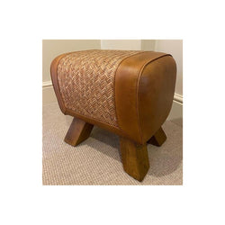 Leather & Rattan Stool Footstool Wooden Legs Brown